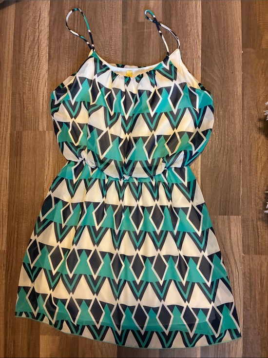 Final Touch Dresses & Skirts - Vintage -Final Touch- Chiffon Mini Dress W/Navy & Aqua Geo Pattern- Made In USA